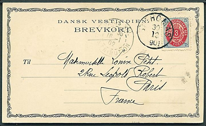 3 cents Tofarvet omv. rm. på brevkort (View from Pier, St. Thomas) stemplet St: Thomas d. 30.12.1901 til Paris, Frankrig. Ank.stemplet i Paris d. 16.1.1902.