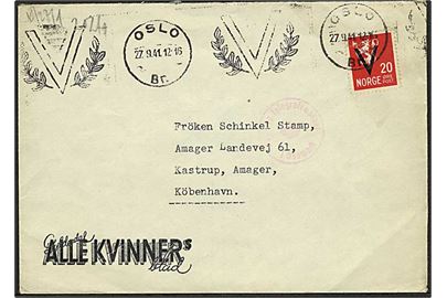 20 øre V provisorium på brev fra Oslo d. 27.9.1941 til Kastrup, Danmark. Åbnet af tysk censur i Oslo.