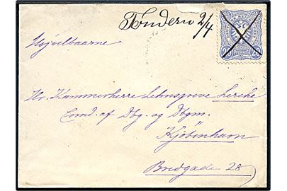 20 pfg. Adler på brev annulleret med håndskrevet kryds og bynavn “Tondern 2/4” ca. 1880 til Kjøbenhavn, Danmark. Ank.stemplet d. 3.4.188x.