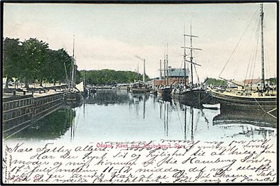 Odense, havneparti med sejlskibe og Næsbyhoved Skov. Warburg no. 314.