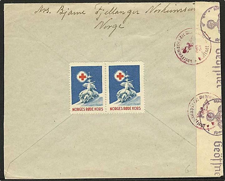 10 øre og 20 øre Grieg, samt Julemærke 1943 på brev fra Norheimsund d. 15.11.1943 til Sverige. Åbnet af tysk censur i Oslo.