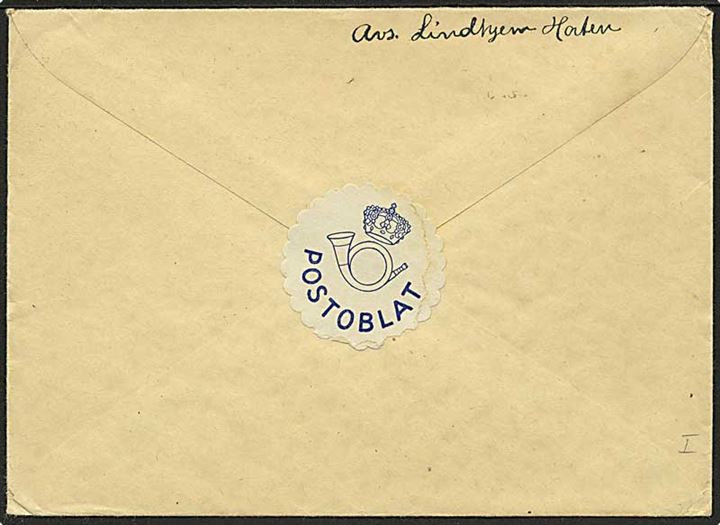 20 øre Løve på brev fra Horten d. 14.6.1945 til Odense, Danmark. Stumt cirkel stempel fra den norske efterkrigscensur. På bagsiden Postoblat.