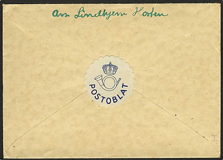 20 øre Løve på brev fra Horten d. 11.6.1945 til Odense, Danmark. Stumt cirkel stempel fra den norske efterkrigscensur. På bagsiden Postoblat.