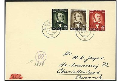 Komplet sæt Wergeland på postkort fra Skøyen d. 12.7.1945 til Charlottenlund, Danmark. Violet nr.stempel 52 fra den norske efterkrigscensur.