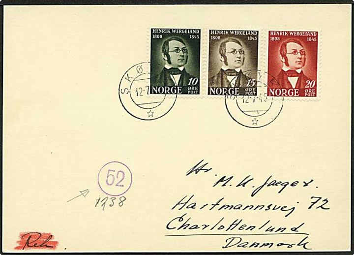 Komplet sæt Wergeland på postkort fra Skøyen d. 12.7.1945 til Charlottenlund, Danmark. Violet nr.stempel 52 fra den norske efterkrigscensur.