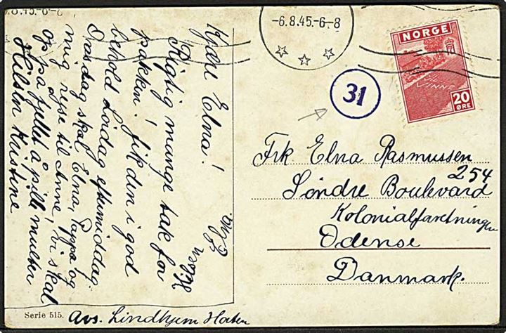 20 øre London udg. på brevkort fra Horten d. 6.8.1945 til Odense, Danmark. Nr.stempel 31 fra den norske efterkrigscensur.