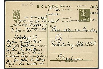 15 øre helsagsbrevkort fra Oslo d. 12.6.1945 til København, Danmark. Nr.stempel 31 fra den norske efterkrigscensur.