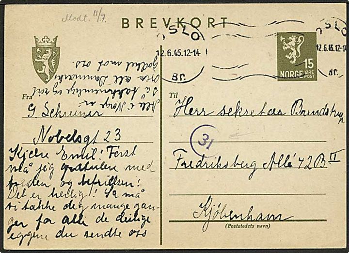 15 øre helsagsbrevkort fra Oslo d. 12.6.1945 til København, Danmark. Nr.stempel 31 fra den norske efterkrigscensur.