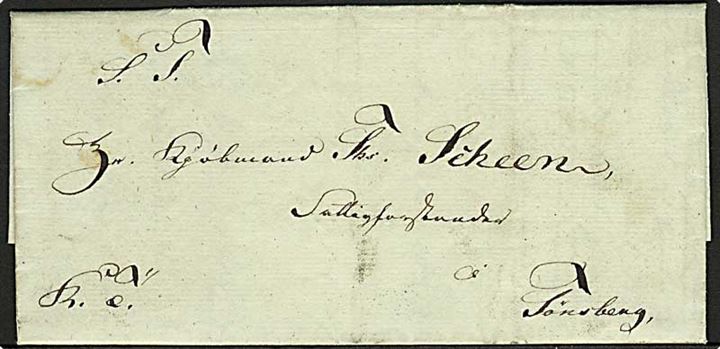 1843. Tjenestebrev mærket K.T. sendt lokalt i Tønsberg d. 20.5.1843.