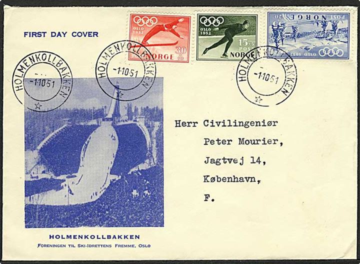 Komplet sæt Vinter OL 1952 på illustreret FDC stemplet Holmenkollbakken d. 1.10.1951 til København, Danmark.