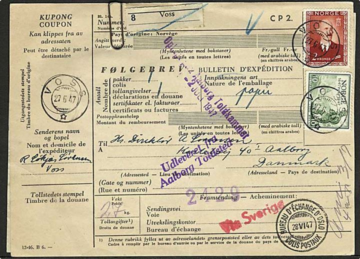 2 kr. Haakon og 10 øre Postjubilæum på internationalt adressekort for pakke fra Voss d. 27.6.1947 til Aalborg, Danmark. Stemplet: via Sverige.