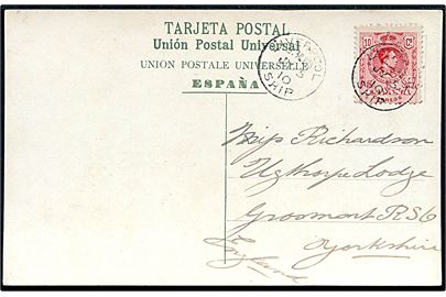 10 cts. Alfonso XIII på brevkort fra Las Palmas, Gran Canaria annulleret med britisk skibsstempel Liverpool Ship d. 15.7.1910 til England.