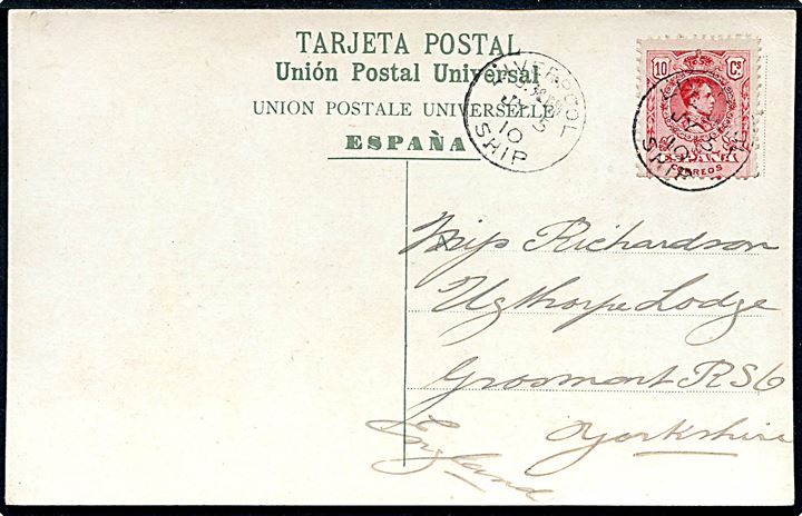 10 cts. Alfonso XIII på brevkort fra Las Palmas, Gran Canaria annulleret med britisk skibsstempel Liverpool Ship d. 15.7.1910 til England.
