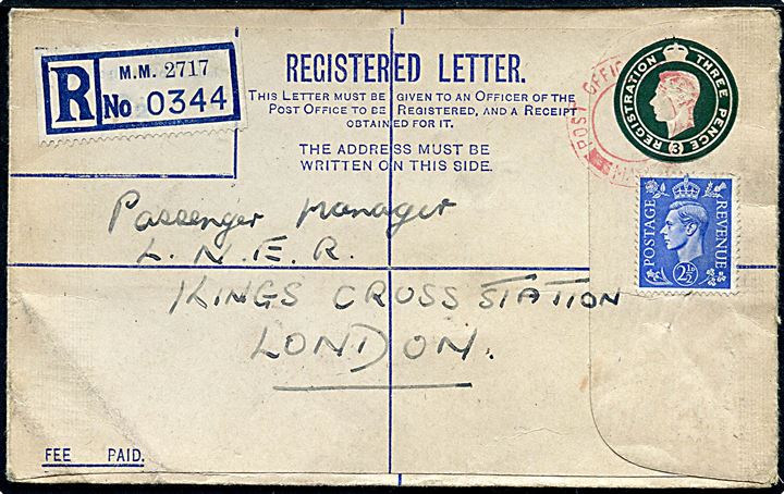 3d George VI anbefalet helsagskuvert opfrankeret med 2½d George VI annulleret med rødt stempel Post Office Maritime Mail til London. Påsat særlig flådepost rec.-etiket M.M. 2717. Uden dato.