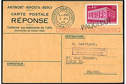 Fransk 0,40 fr. Europa udg. på internationalt svarbrevkort annulleret Paquebot og sidestemplet Guernsey (St. Peter Port) Chan. Is. d. 1.5.1969 til Paris, Frankrig.