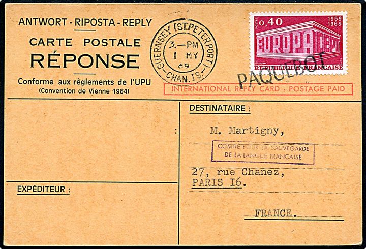 Fransk 0,40 fr. Europa udg. på internationalt svarbrevkort annulleret Paquebot og sidestemplet Guernsey (St. Peter Port) Chan. Is. d. 1.5.1969 til Paris, Frankrig.