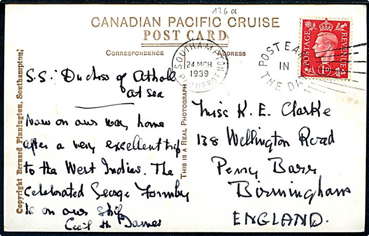 1d George VI på brevkort (Florida, USA) fra S/S Duchess of Atholl annulleret med skibsstempel Southampton Paquebot / Post early in the Day d. 23.3.1939 til Birmingham, England.