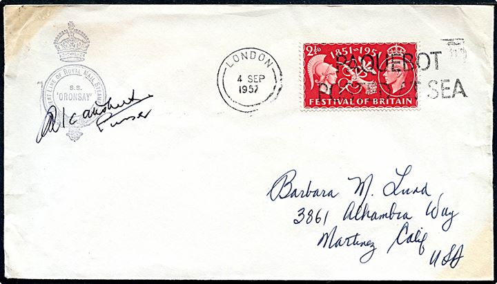 2½d Festival of Britain på brev annulleret med skibsstempel London / Paquebot Posted at Sea d. 4.9.1952 til USA. Sendt fra S/S Oronsay.