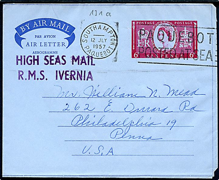 6d Elizabeth helsagsaerogram annulleret med skibsstempel Southampton Paquebot / Paquebot Posted at Sea d. 12.7.1957 til Philadelphia, USA. Sidestemplet: High Sea Mail R.M.S. Ivernia.-