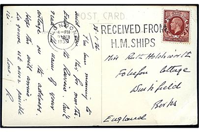 1½d George V på brevkort (Fleet Review 1936) annulleret med flåde stempel London / Received from H.M.Ships d. 9.2.1936 til England. Hj. knæk.
