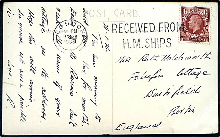 1½d George V på brevkort (Fleet Review 1936) annulleret med flåde stempel London / Received from H.M.Ships d. 9.2.1936 til England. Hj. knæk.