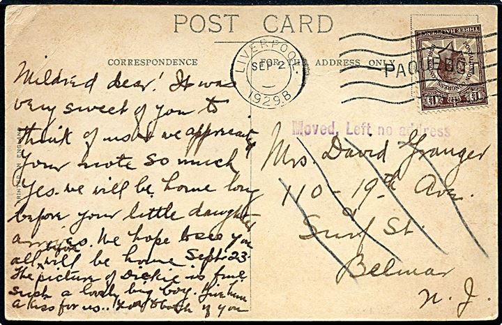 1½d George V Pstal Congress på brevkort (R.M.S. Laconia) annulleret med skibsstempel Liverpool / Paquebot d. 2.9.1929 til Belmar, USA. Violet stempel Moved, Left no address.