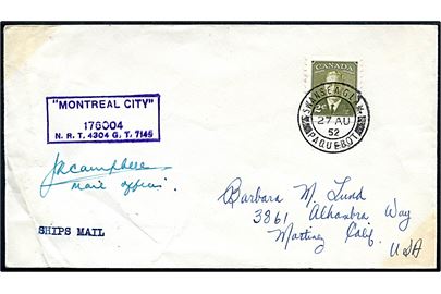 2 c. George VI på skibsbrev annulleret Swansea Glam. / Paquebot d. 27.8.1952 og sidestemplet Montreal City til USA.