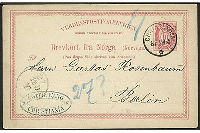 10 øre helsagsbrevkort fra Christiania d. 9.3.1885 til Berlin, Tyskland.