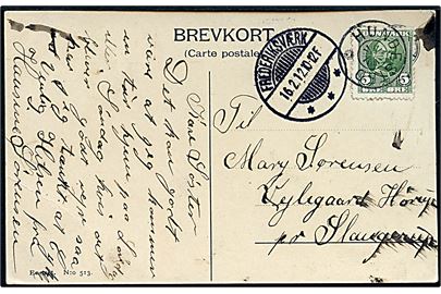 5 øre Fr. VIII på brevkort annulleret med stjernestempel HUNDESTED og sidestemplet Frederiksværk d. 16.2.1912 til Slangerup.