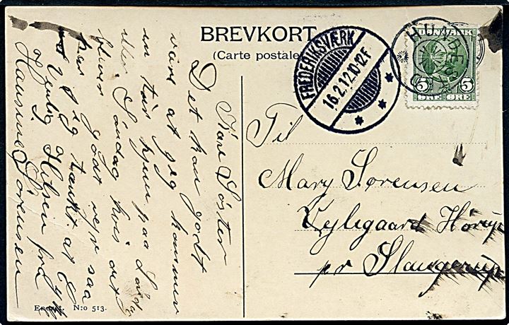 5 øre Fr. VIII på brevkort annulleret med stjernestempel HUNDESTED og sidestemplet Frederiksværk d. 16.2.1912 til Slangerup.