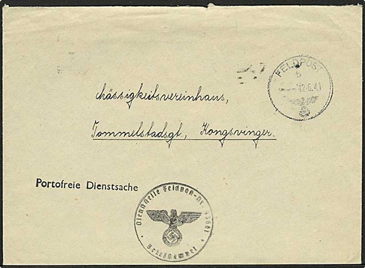 Ufrankeret tysk feltpostbrev stemplet Feldpost b d. 12.6.1941 til Kongsvinger. Briefstempel Feldpost nr. 43661 = Heeresunterkunftsverwaltung Elverum.