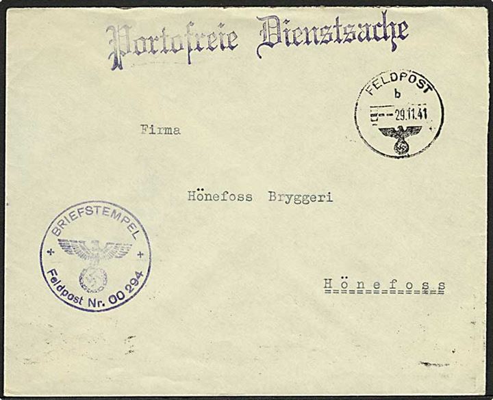Ufrankeret tysk feltpostbrev stemplet Feldpost b d. 29.11.1941 til Hönefoss. Briefstempel Feldpost nr. 00294 = Heeres-Verpflegungsstelle Oslo.