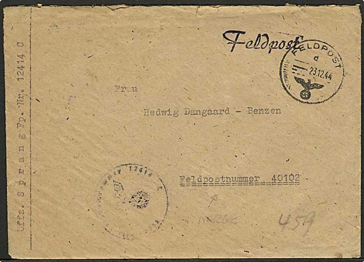 Ufrankeret tysk feltpostbrev med indhold stemplet Feldpost d d. 23.12.1944 fra Feldpost nr. 12414C = 14. Kompanie Grenadier-Regiment 912 til kvinde ved feldpost nr. 40102 = Transport-Flotte Speer Oslo. 