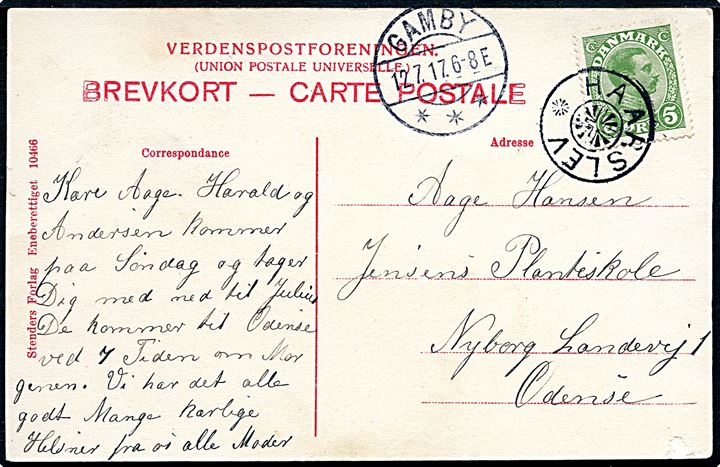 5 øre Chr. X på brevkort (Sønder Næraa Sognekirke) annulleret med stjernestempel HAARSLEV og sidestemplet Gamby d. 12.7.1917 til Odense.