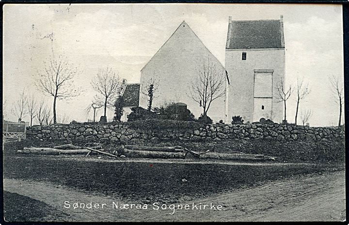 5 øre Chr. X på brevkort (Sønder Næraa Sognekirke) annulleret med stjernestempel HAARSLEV og sidestemplet Gamby d. 12.7.1917 til Odense.