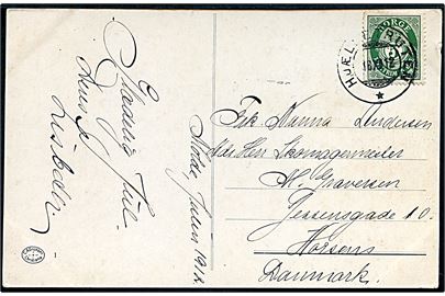 5 øre Posthorn på brevkort fra Molde (Kvinder på ski) annulleret med sejlende bureaustempel HJÆLSETRUTEN d. 18.12.1912 til Horsens, Danmark. Stempel benyttet 1910-1919.