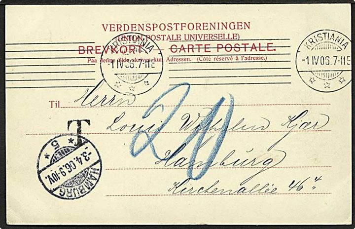Ufrankeret brevkort fra Kristiania d. 1.4.1906 til Hamburg, Tyskland. Sort T stempel og udtakseret i 20 pfg. tysk porto.