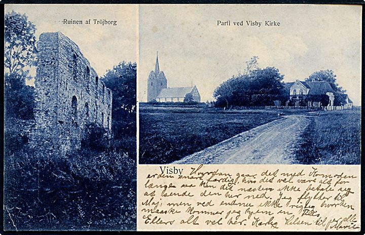Trøjborg Ruin samt parti ved Visby Kirke. No. 1184. Frankeret med 10 pfg. Germania annulleret med enringsstempel Wiesby ** d. 28.7.1908 til Danmark.