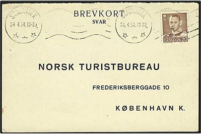 20 øre Fr. IX på svarbrevkort annulleret med norsk stempel i Stavanger d. 24.4.1954 til København, Danmark.