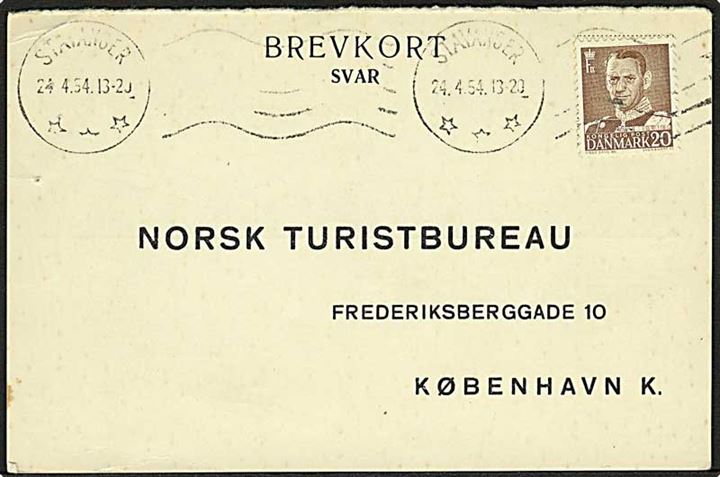 20 øre Fr. IX på svarbrevkort annulleret med norsk stempel i Stavanger d. 24.4.1954 til København, Danmark.