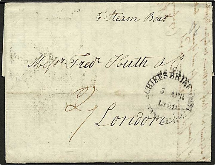 1829. Foldebrev stemplet Schiffsbrief Post Hamburg d. 3.4.1829 til London, England. På bagsiden svagt Shipletter London stempel.
