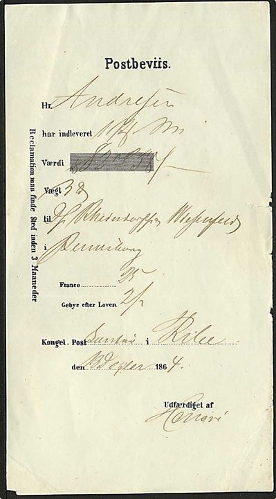 1864. Postbeviis for undlevering af værdipakke til Rendsburg ved Kongel. Postkontor i Ribe d. 13.12.1864.