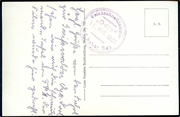 Ubrugt brevkort (Amalienborg og udsigt over havnen) med tysk privat skibsstempel: Salonschnelldampfer Odin Auf hoher See d. 10.8.1933.