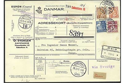 5 øre Bølgelinie, 40 øre Karavel, samt 1 kr. og 2 kr. Chr. X på 3,45 kr. frankeret internationalt adressekort for pakke fra København d. 19.2.1943 til Bekkelagshøgda, Norge. Liniestempel: via Sverige. 