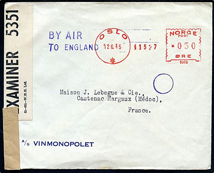 50 øre firmafranko frankeret brev fra A/S Vinmonopolet i Oslo d. 12.6.1945 til Cantenec Margaux, Frankrig. Blåt stempel: BY AIR TO ENGLAND, samt violet neutralt norsk efterkrigscensur og åbnet af britisk censur PC90/5351.