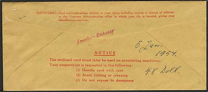 70 øre Fr. IX single på amerikansk rudekuvert sendt anbefalet fra København d. 4.1.1954. På bagsiden stemplet American Embassy / Copenhagen.