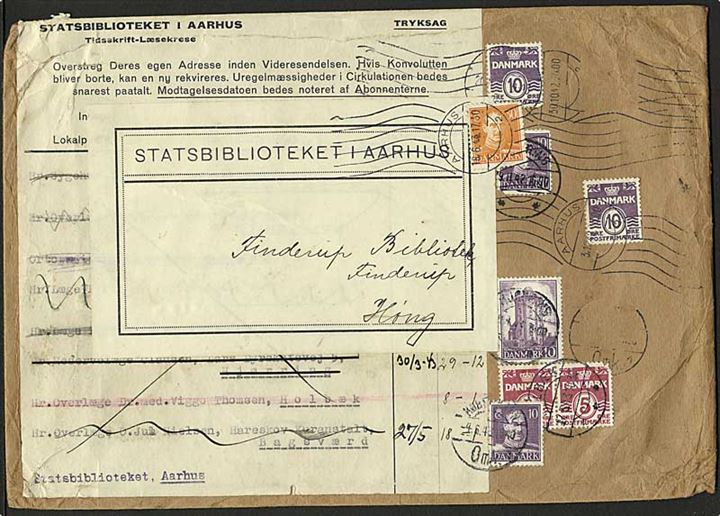 Forskellige Bølgelinie, Chr. X og Runde Tårn udg. på genanvendt tryksags-kuvert fra Statsbibliotekets Læsekreds i Aarhus 1942-1943. Interessant.
