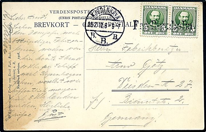 5 øre Fr. VIII i parstykke på brevkort (Hammershus) annulleret med skibsstempel Fra Bornholm og sidestemplet Kjøbenhavn B.B.B. d. 26.7.1912 til Dresden, Tyskland. Skjold.