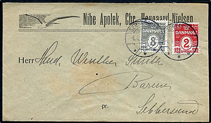 2 øre og 8 øre Bølgelinie på fortrykt kuvert fra Nibe Apotek annulleret med brotype Ia Sebbersund d. 6.4.1925 til Sebbersund.