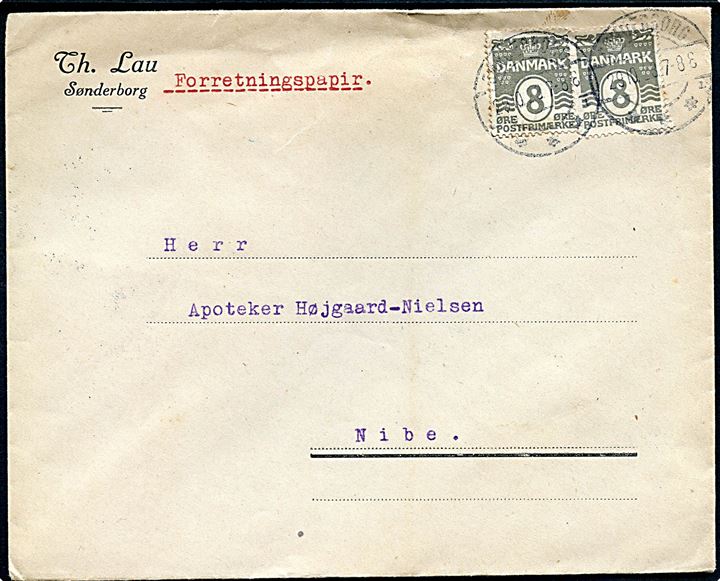 8 øre Bølgelinie (2) på forretningspapirer fra Sønderborg d. 29.10.1923 til Nibe.
